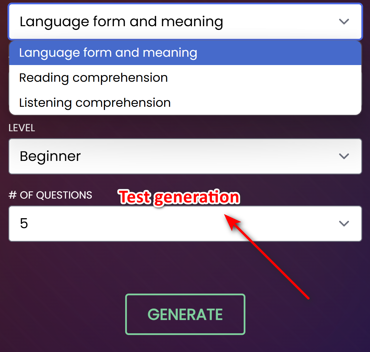 Test generation form